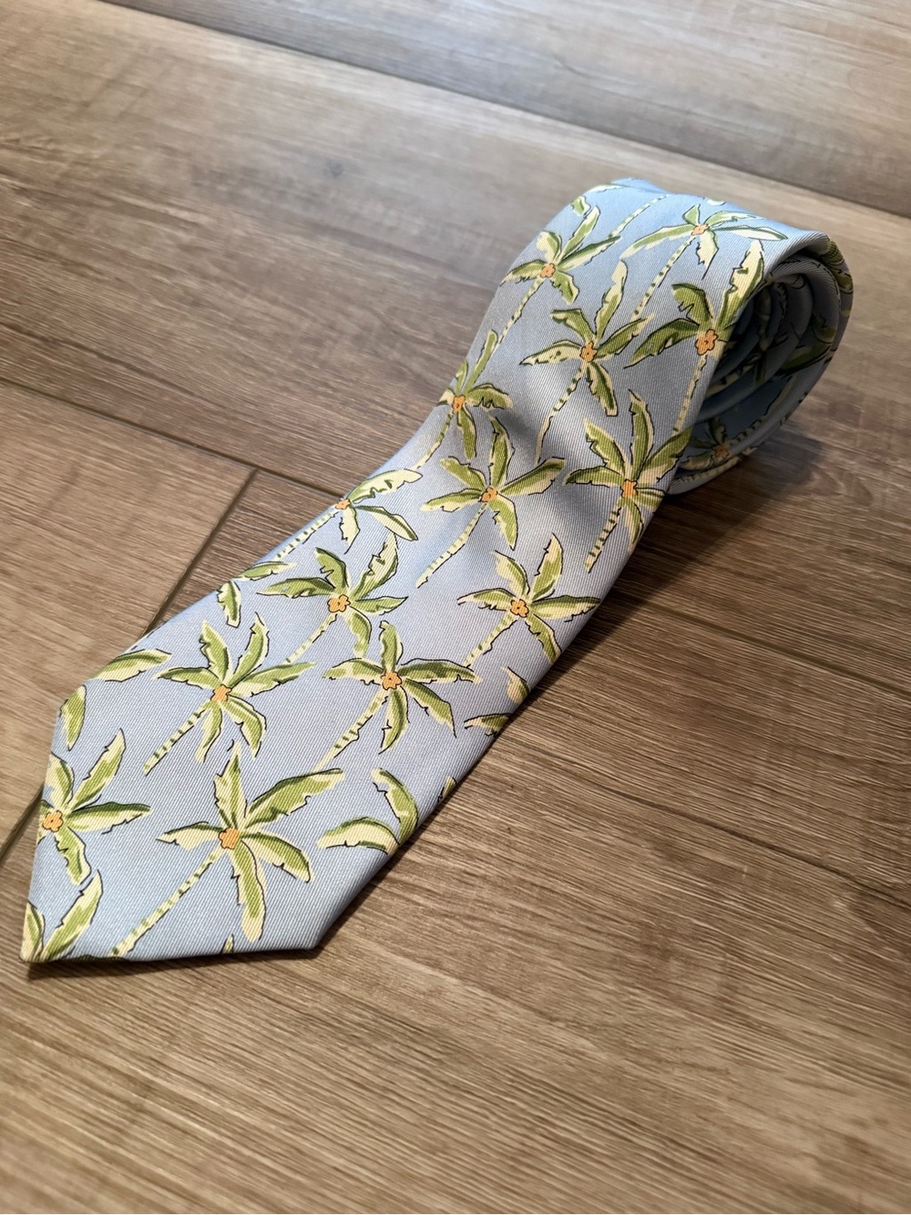 J McLaughlin Light Blue Palm Tree Motif Silk Tie